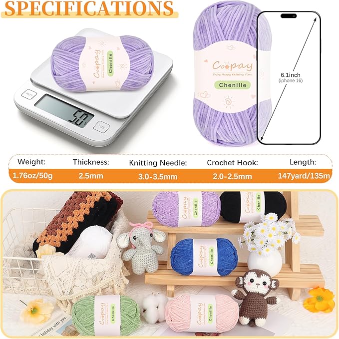Coopay Skinny Chenille Yarn for Crocheting and Knitting, 12 Pack of 50g/1.76oz - 1764yd Total, Crochet Yarn of Light Weights - Suitable for Baby Blankets, Plush Toys, Garments - Super Soft (Purple)