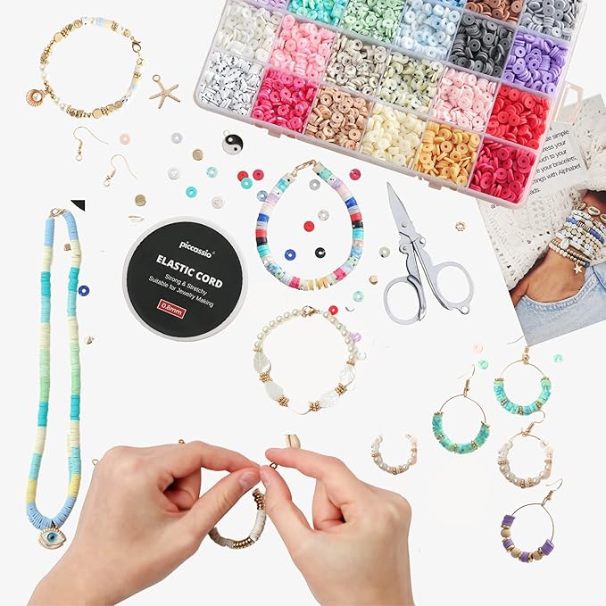 Piccassio Clay Beads Bracelet Making Kit – 10,500+ Heishi Beads in 48 Colors DIY Jewelry Kit with Charms, Letters, Shells & Tools Perfect for Girls, Teens & Creative Adults