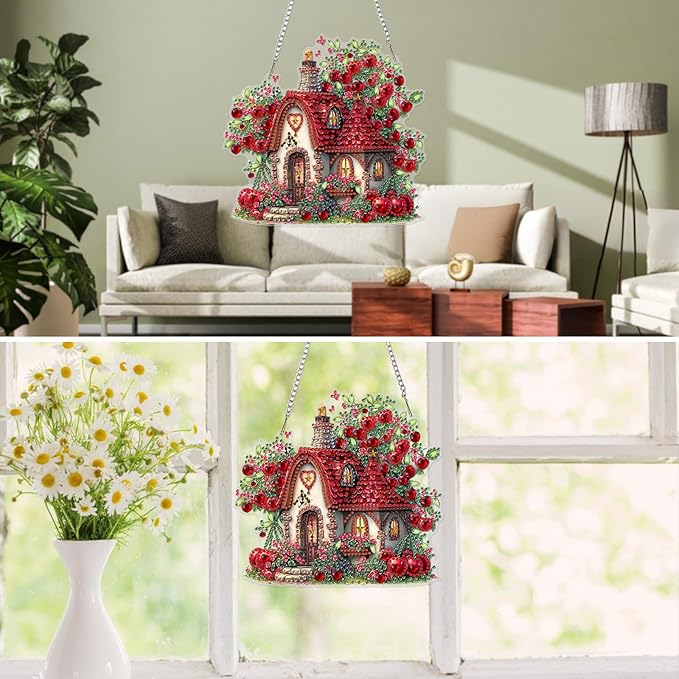 MXJSUA Cherries House Diamond Art Hanging Kits for Adults Beginners, Crystal Diamond Suncatchers, Special Shape Diamond Painting Pendant Window Ornament Gifts for Home Garden Door Wall Decor