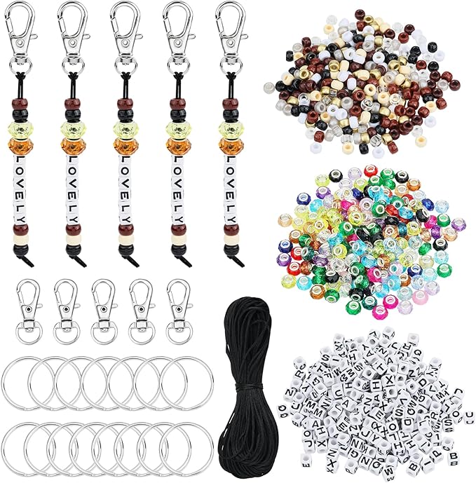 BEEFLYING 750 Pcs DIY Bead Keychain Kit Key Chain Making Crafts Letter Beads Strings Adjustable Alphabet Key Ring Jewelry Backpack Accessories Holiday Party Festival Favor Gift (Earthy Colors)