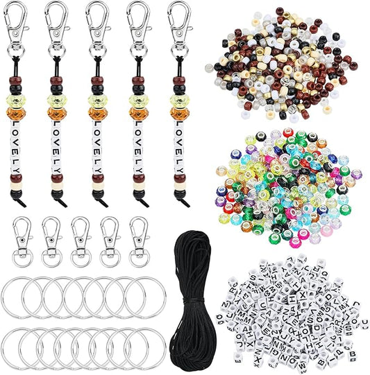 BEEFLYING 750 Pcs DIY Bead Keychain Kit Key Chain Making Crafts Letter Beads Strings Adjustable Alphabet Key Ring Jewelry Backpack Accessories Holiday Party Festival Favor Gift (Earthy Colors)