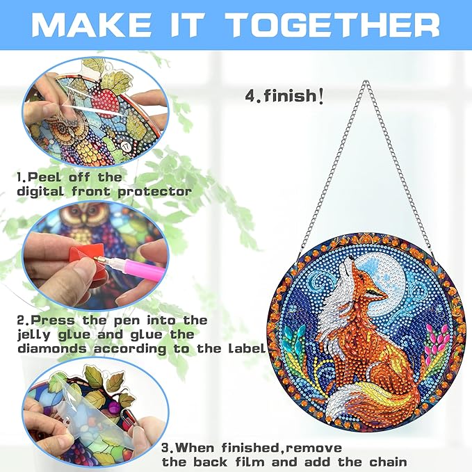 VAIIEYO Fox Diamond Painting Hanging, Animal Diamond Painting Suncatchers Double Side Window Hanging Kit with Chain, 7.5x7.5 inch Crystal Pendant Art Craft for Gift Home Wall Front Door Decoration