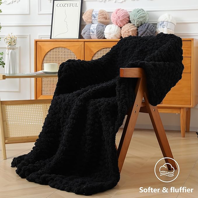 Chunky Yarn for Hand Knitting - #10 Chunky Chenille Yarn, Jumbo Big Thick Chunky Yarns for Crocheting, Super Bulky Chunky Knit Blanket Yarns, 8 Skein (25 yds 8 oz Each Skein), Black