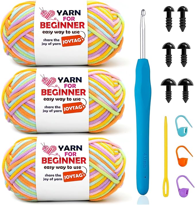 3 Pack Rainbow Beginner Crochet Yarn for Crocheting and Knitting Multicolor Cotton Crochet Yarn for Beginners(Pastel Rainbow)