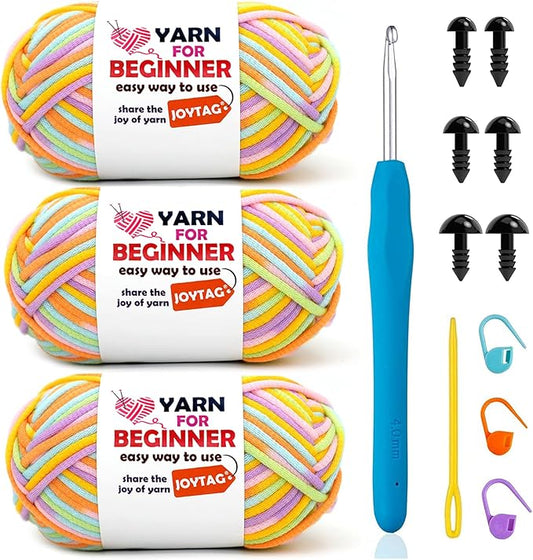 3 Pack Rainbow Beginner Crochet Yarn for Crocheting and Knitting Multicolor Cotton Crochet Yarn for Beginners(Pastel Rainbow)