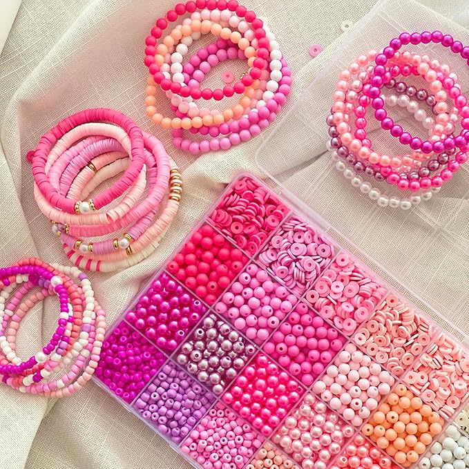 Pink Clay Beads for Bracelets Valentines Day Bracelets Making Kit Seed Beads Pearl Acrylic Glass Plastic Bead Friendship Bracelets Bead for Jewelry Making