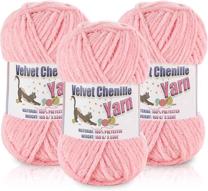 3 * 100g/3.5oz Fluffy Chenille Yarn for Crocheting, Chunky Velvet Yarn for Crochet Amigurumi, Used for Making Baby Yarns Blanket, Clothes, Pattern Knitting Creations (Pink)