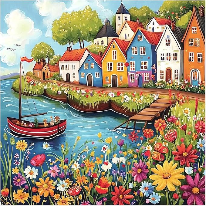 QENSPE Diamond Painting Landscape Art Kits for Adults, DIY Full Drill Diamond Art Kit for Beginners, 5D Colorful Houses Round Diamond Dots Paintings Gem Art Crafts Home Wall Decor Gifts 30x30cm