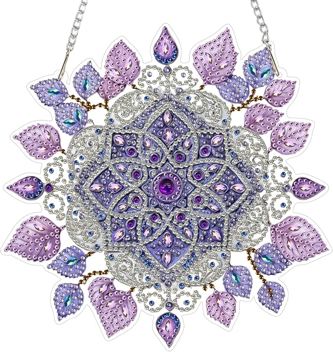 Lxmsja DIY Purple Mandala Diamond Painting Hanging Ornament, Double-Sided Acrylic Mandala Leaves Diamond Art Kit, Special Shaped Suncatcher Hanging Pendant Window Art Kit
