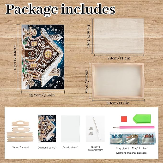 Christmas DIY Diamond Art Tray with Handle Special Shaped Diamond Art Plate Creative Design Handmade Wooden Tray Mosaic Making Kits by Number Kits DIY Crafts Gift for Xmas Organizer (Christmas House)