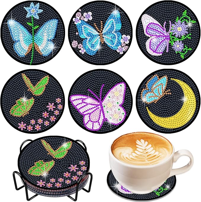 Vcekract Diamond Painting Coasters, 6 Pcs Butterfly Diamond Painting Coasters with Holder, Diamond Art Kits for Adults