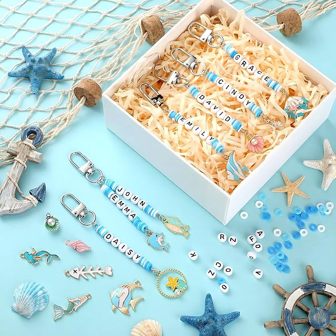 Tondiamo 2823 Pcs Ocean Beach Keychain Making Kit DIY Craft Sea Themed Key Ring Seashell Starfish Mermaid Charms Letters Beads String for Gift Jewelry Key Ring Backpack Accessories