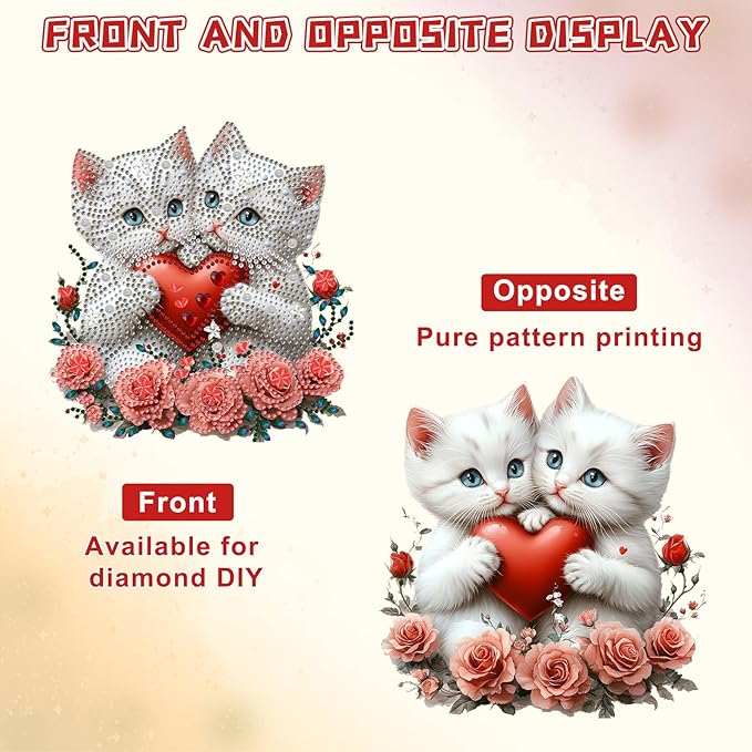 KEYIFA White Cat Diamond Painting Kit, DIY Heart Diamond Art for Adults, Diamonds Pendant Special Shaped Rhinestone Window Hanging Ornaments Home Garden Wall Door Decoration, 20cm Width