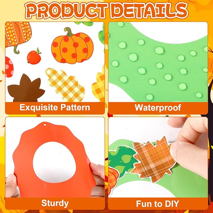 Lonfliness 36 Sets Fall Maple Leaves Pumpkin Wreath Craft Kits Autumn Checkered Polka Dot DIY Wreath Hanging Ornaments Thanksgiving Paper Art Craft for School Classroom Home Party Favors Activities