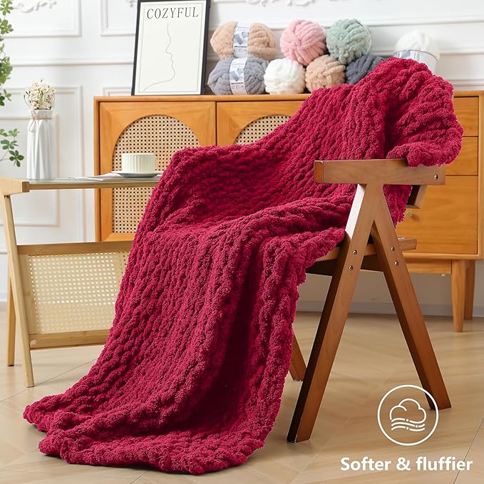 Chunky Yarn for Hand Knitting - #10 Chunky Chenille Yarn, Jumbo Big Thick Chunky Yarns for Crocheting, Super Bulky Chunky Knit Blanket Yarns, 8 Skein (25 yds 8 oz Each Skein), Cherry Red
