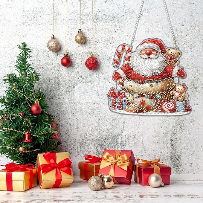 DOMROM Santa Diamond Art Hanging Kits for Adults Beginner, Christmas Special Shaped Crystal Diamond Painting Santa Pendant, DIY Diamond Art Suncatchers for Home Garden Wall Decor Gift