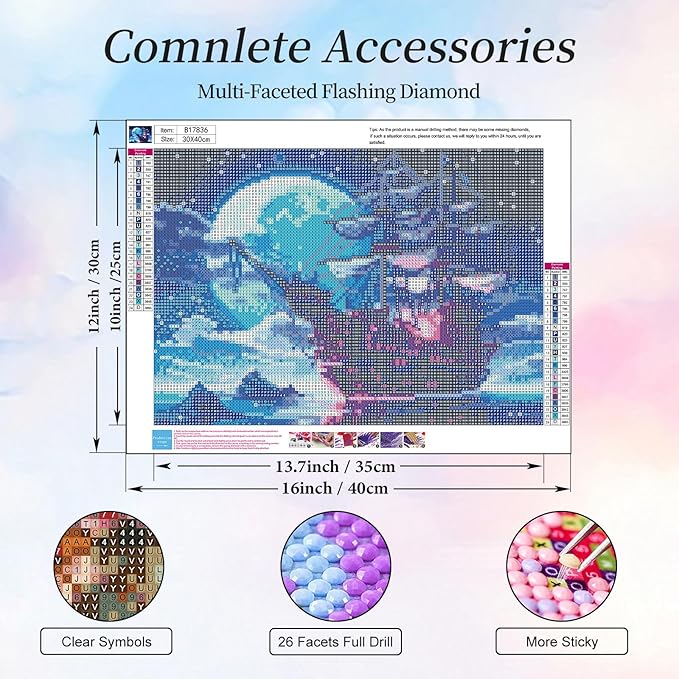 Camocin Diamond Art Kits for Adults Moonlight, 5D Sailing Ship Diamond Painting Kits for Adults Beginners, DIY Night Sky Landscape Full Round Dots Drill Gem Art Kit for Home Wall Decor 12 x 16 Inch