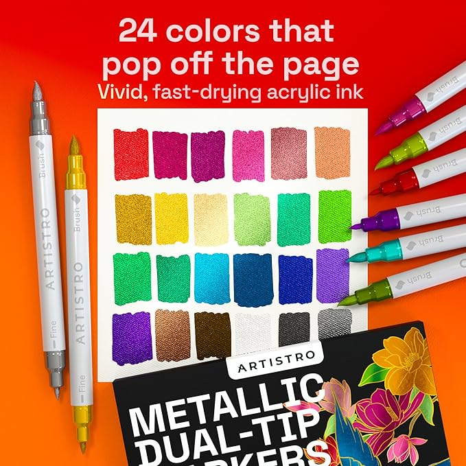 ARTISTRO 24 Metallic Acrylic Paint Markers - Paint Pens for Drawing, Brush + Fine Tips - For Fabric, Rock, Glass, Wood, Eggs - Art & Craft Supplies for Adults, Teens, Kids - Easter Basket Stuffers