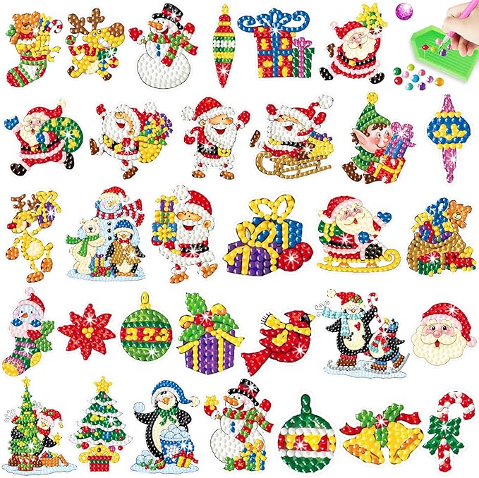 Viicoor 32PCS Christmas Diamond Painting Sticker Kit, Xmas DIY Creative Diamond Art Sticker Craft by Numbers Kits