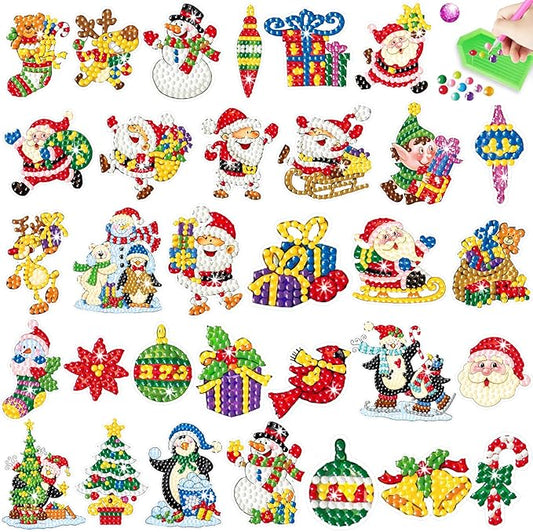 Viicoor 32PCS Christmas Diamond Painting Sticker Kit, Xmas DIY Creative Diamond Art Sticker Craft by Numbers Kits