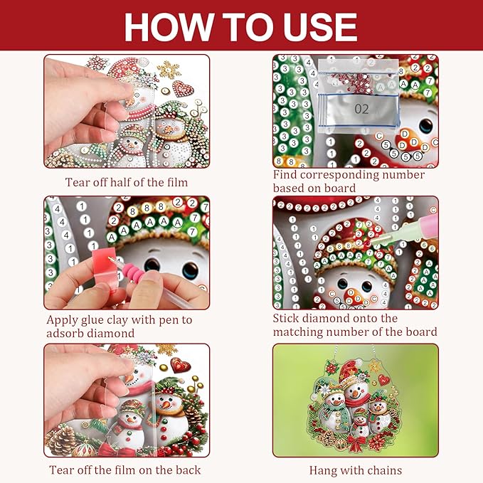 CEOVR Christmas Hanging Diamond Painting, Snowman Special Shape Diamond Art, Christmas Winter DIY Gem Art Craft for Adults, Acrylic Home Garden Decor with Chain, Box Kit 7.79x7.79In