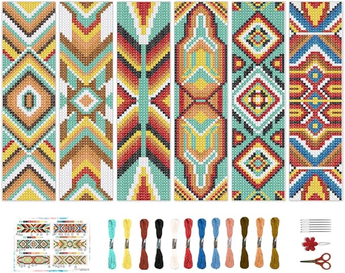 BEUNITONE Cross Stitch Bookmarks Kit 6 Pcs Geometric Pattern DIY Bookmarks Cross Stitch Kits for Beginners Boho Floral Fabric Bookmark Kit Traditional Decorative Counted Knitting Kit 8''x2.4''