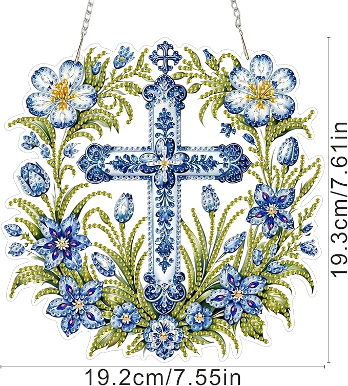 ZeeLionArt Hanging Diamonds Art kit for Adult,Cross Flowers Pendant Diamonds Painting Art Kit,7.5x7.6inch Acrylic Diamonds Painting Board Kit Ornament, Special Crystal Diamond Hanging Ornament