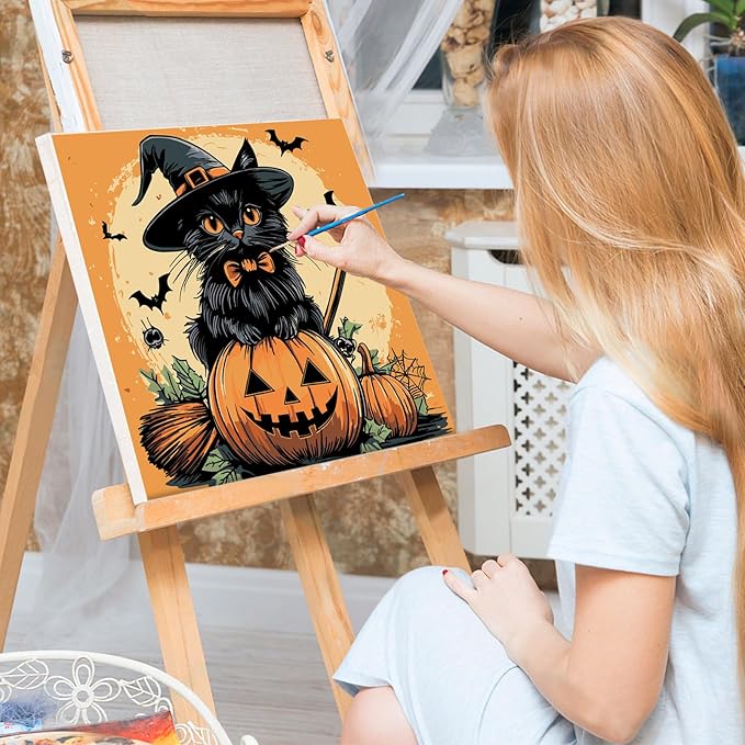 Bowetile 4 Pack Halloween Framed Paint by Numbers for Adults, Black Cat Paint by Numbers for Kids Ages 8-12 on Canvas, Easy Acrylic Cartoon Number Painting Halloween Gifts for Home Wall Decor, 8x8in