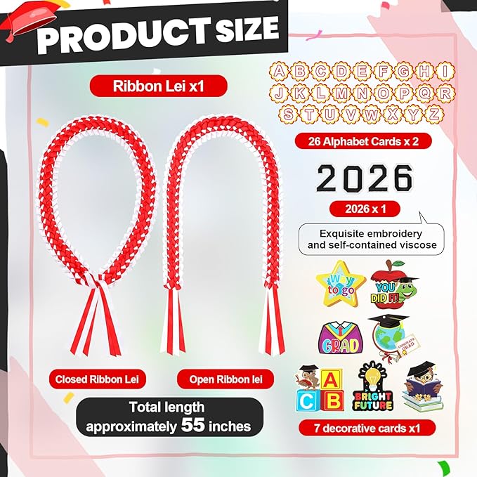 Juexica Kindergarten Graduation Ribbon Leis Class of 2026 Braided Necklace Making Kit with Alphabetic Decorative Cards Preschool Kids Grad Graduation Party Gifts(Red, White)
