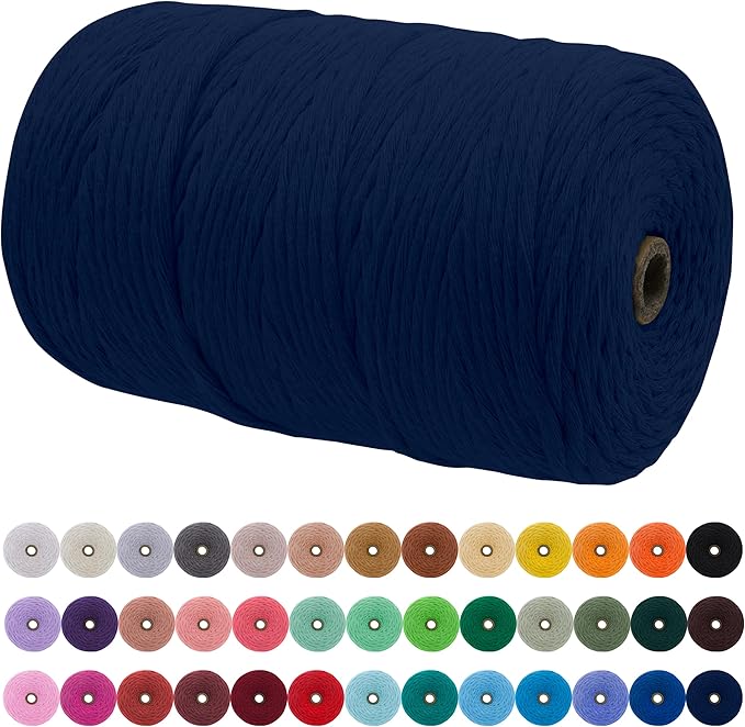 JeogYong Single Strand Macrame Cord 3mm x 218 Yards (656 Feet) Soft Cotton Rope Macrame Yarn 3 mm Macrame Cord, Macrame Supplies for Crafts Wall Hangings Plant Hangers Decorations (Dark Blue)