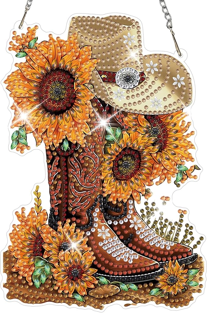 HEIBAGO Cowboy Boot Diamond Art Hanging Kits for Adults, Sunflower Diamond Art Suncatchers, 5D Special Shape Diamond Painting Pendant Window Ornament Gifts for Home Garden Door Wall Decor 8.3 x 8.3 In