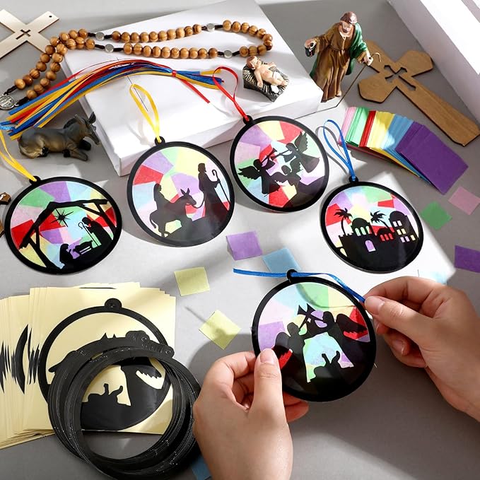 AmazingSpark 30 Pcs Christmas Nativity Ornaments Crafts Kits Bulk Christian Nativity Suncatchers Art Xmas Birth of Jesus DIY Stained Glass Effect Tissue for Religious Church Classroom Activities Party