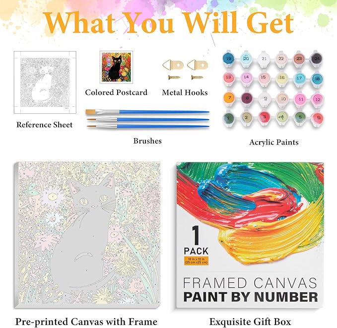 Okarina Framed Paint by Numbers Kit for Adults Beginner Cat, Adult Paint by Number Kits on Canvas Framed, DIY Acrylic Oil Painting by Numbers with Frame, Flower for Home Decor Gift 10 X 10 Inch