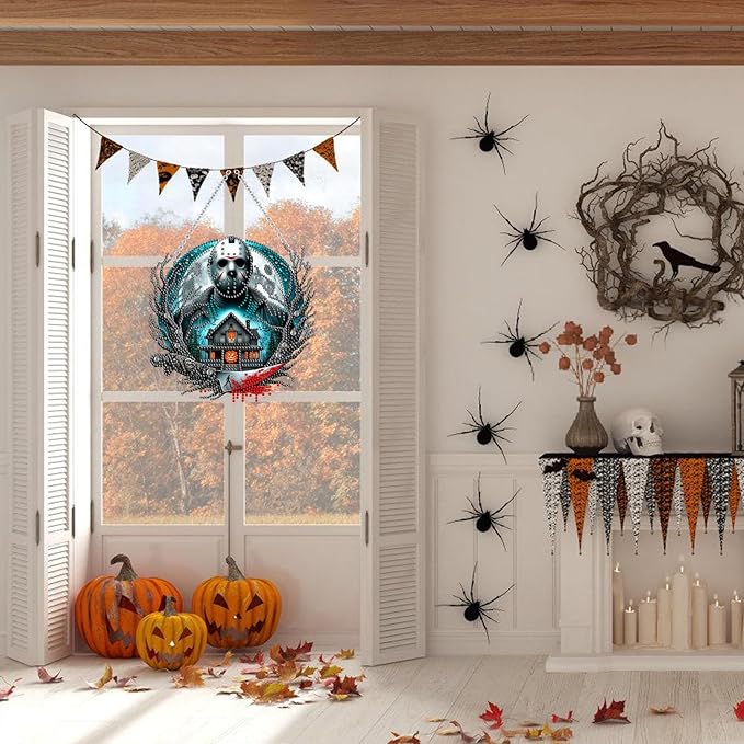 WEUOPG Halloween Diamond Art Hanging Kit for Crafts, DIY Acrylic Diamond Art Painting Window Pendants Home Garden Wall Hanging Kits, Double Sided Hanging Ornament