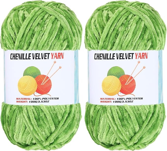 2 * 100g Velvet Chenille Chunky Yarn, Handcrafts Weaving Soft Chenille Yarn for Crocheting Clearance, Used for Making Baby Yarn Blanket, Clothes, Knitting Creations (Grass Green)