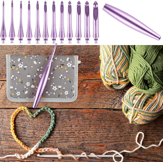 Svartur Interchangeable Crochet Hook Set with 12 Hooks – Ergonomic Crochet Hooks Large Handle, US Sizes E-4 to N-15 (3mm–10mm), Smooth & Lightweight, Crochet Kit with Storage Case, Purple