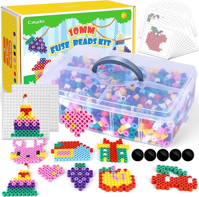 caydo 10mm large fuse bead kit, 8 colors melty beads with storage box for craft, xl iron beads set including 2 pegboards, ironing paper for art and craft project, birthday
