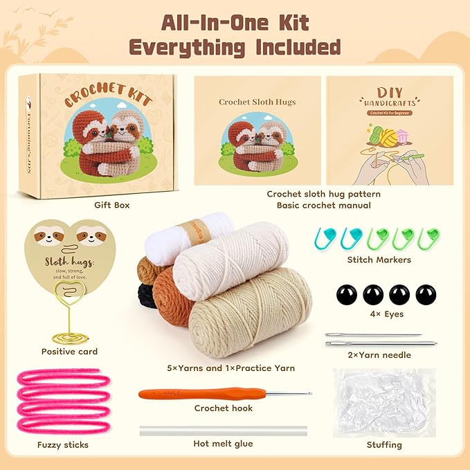 Crochet Kit for Beginners, Emotional Positive Support Crochet Gift, Hug Sloths Crochet Animal Kit, Easy Crochet Kits for Adults, DIY Craft Crochet Gift Birthday, Valentine's Day, Christmas