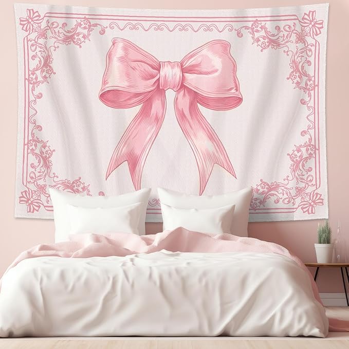 HunnmingRe 79" x 60" Pink Bow Tapestry Coquette Pink Aesthetic Bedroom Hanging Wall Art Preppy Tapestry Decor Kit Cute Bowknot Room Decoration for Women Girls Room Dorm Apartment(Bow)