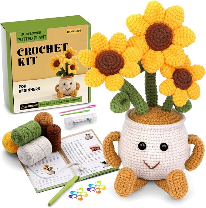Nitlak Crochet Kit for Beginners, Sunflower Potted Beginner Crochet Kit for Adults Kids Women Men, Crochet Starters Kit with Step-by-Step Video Tutorials, Complete Crochet Accessories for DIY Craft