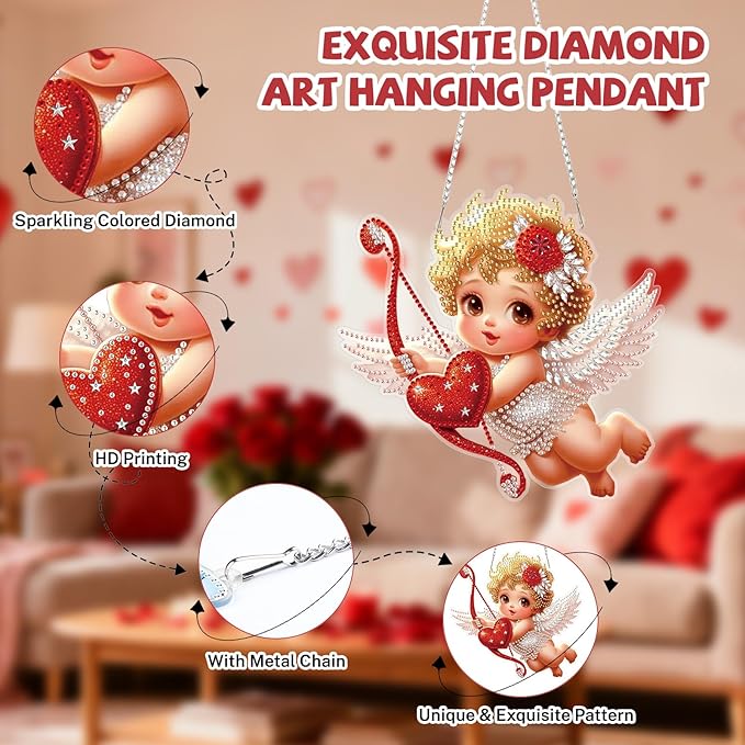 Bowetile Valentine's Day Diamond Art Hanging Kits for Adults, Diamond Art Suncatchers Cupid, 5D Special Shape Diamond Painting Love Pendant Window Ornament Gifts for Home Door Wall Decor