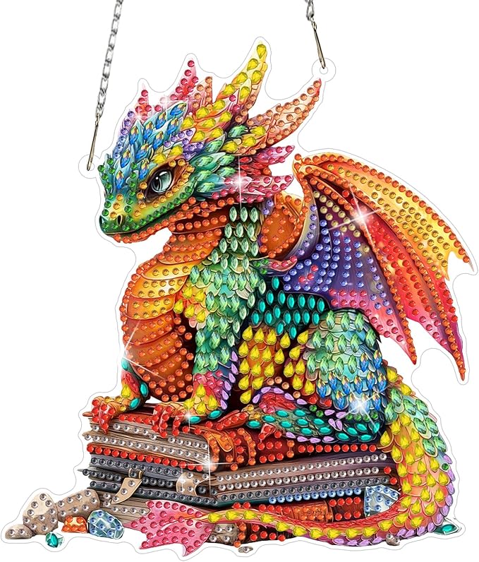 MEIYUDA Dargon Diamond Art Hanging Kits for Adult, Book Dargon Diamond Painting Hanging Kits Ornaments, DIY Special Shaped Rhinestone Window Pendants Kit for Home Garden Wall Decor Gift