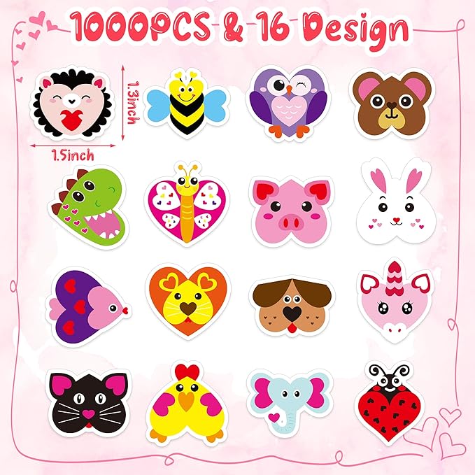 beyumi 1000pcs valentine's day heart shaped animal stickers in 2 rolls for kids valentine heart labels waterproof vinyl decals for greeting cards envelope scrapbooking party decor gift for girls teens