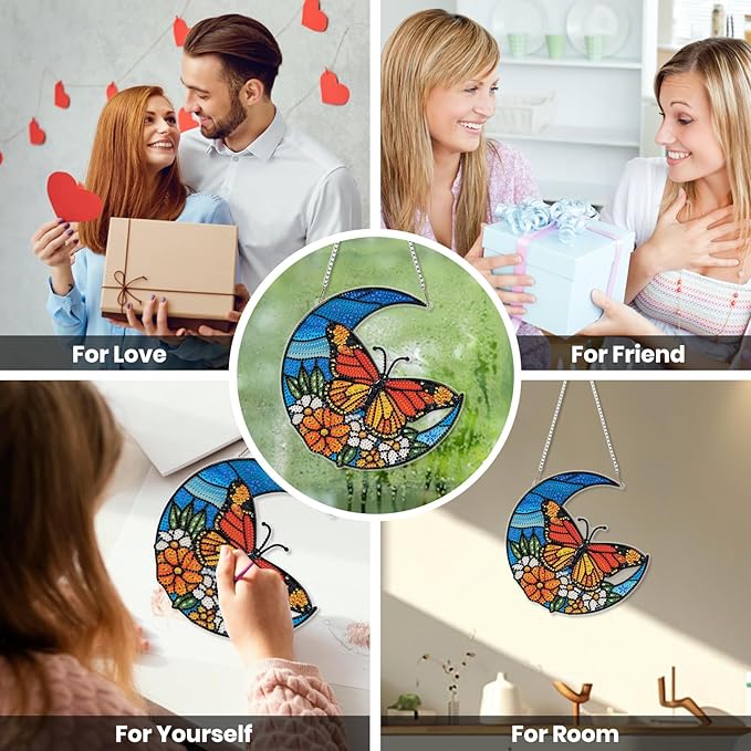 EOBROMD Diamond Hanging Art Kits for Adults Butterfly, Diamond Art Painting Moon Window Pendant Kits Suncatchers, DIY Special Shaped Rhinestone Adults, Home Wall Decor
