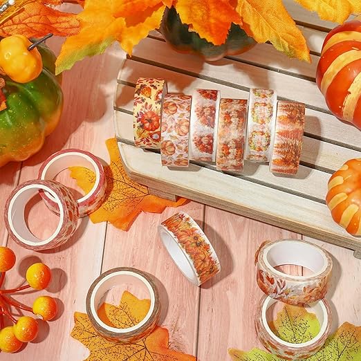 Whaline 12 Rolls Fall Floral Washi Tape Watercolor Pumpkin Maple Leaves Washi Tape Autumn Decorative Masking Tape for Thanksgiving Harvest Scrapbook Journal DIY Art Craft Gift Wrapping