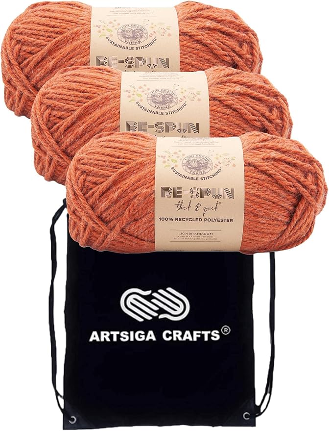 Lion Brand Re Spun Thick & Quick Cinnamon Stick 843-133 (3-Skeins - Same Dye Lot) Weight S Bulky #6 Polyester Yarn for Crocheting and Knitting with Project Bag