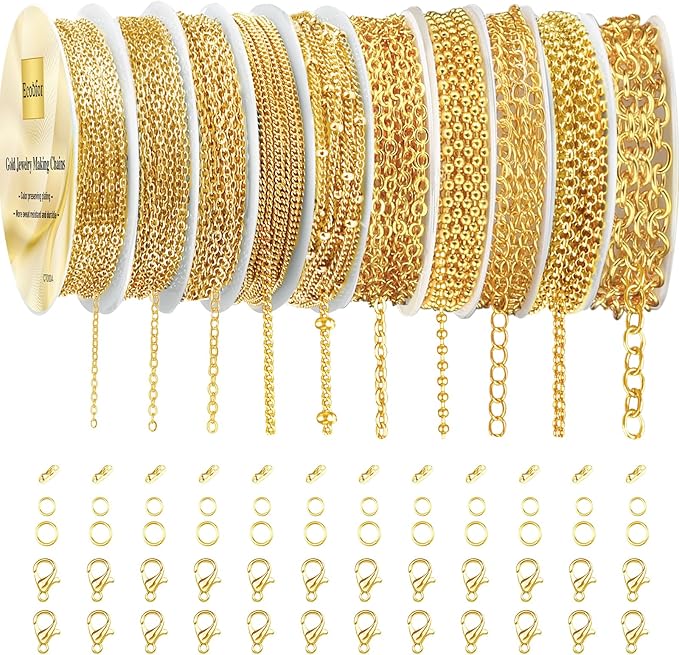 ecoofor gold necklace chains for jewelry making, 78.7 feet 10 rolls jewelry chains for diy necklace bracelet jewelry making with jump rings/lobster clasps/connectors