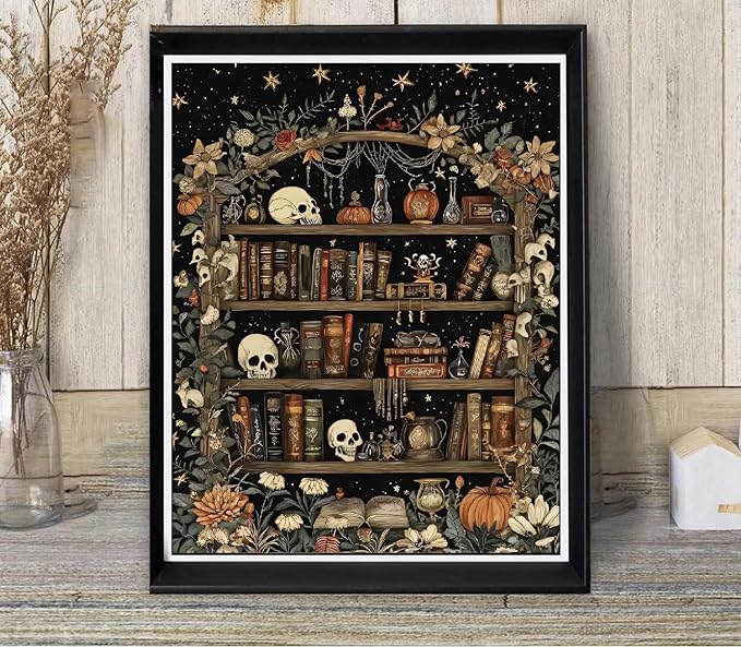 askkqtx Skull Diamond Art Kits for Adults, Goth Skull Bookshelf Diamond Painting Kits for Beginners, Full Drill Crystal Rhinestone Gem Diamond Art Kits Craft for Home Wall Decor 12X16 Inch