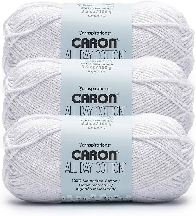Caron All Day Cotton - 3 Pack of 173 Yards/3.52 oz White Shirt 100% Mercerized Cotton Yarn
