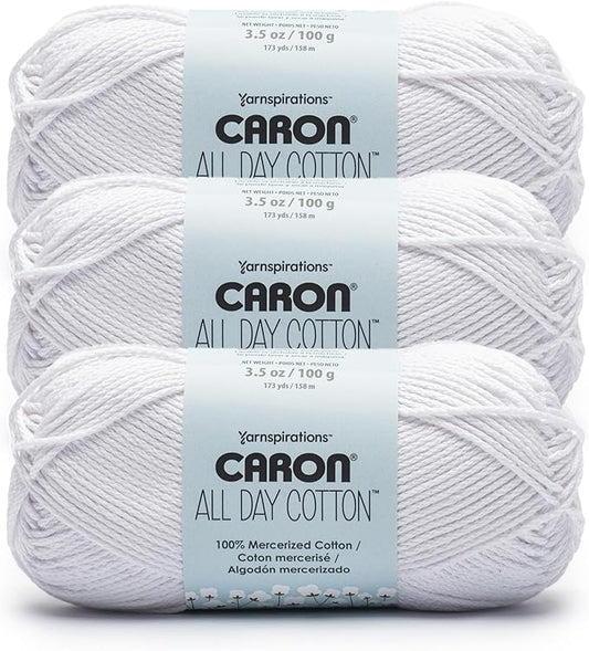 Caron All Day Cotton - 3 Pack of 173 Yards/3.52 oz White Shirt 100% Mercerized Cotton Yarn